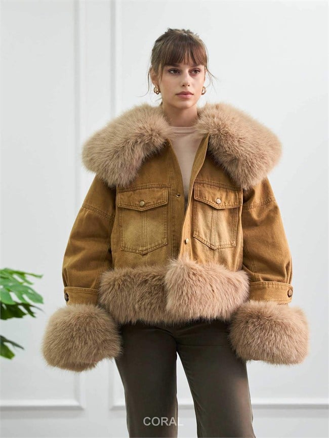 Kürk Detaylı Denim Mont 160956 Vintage Bej