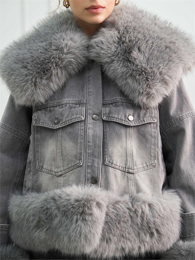 Kürk Detaylı Denim Mont 160956 Vintage Gri