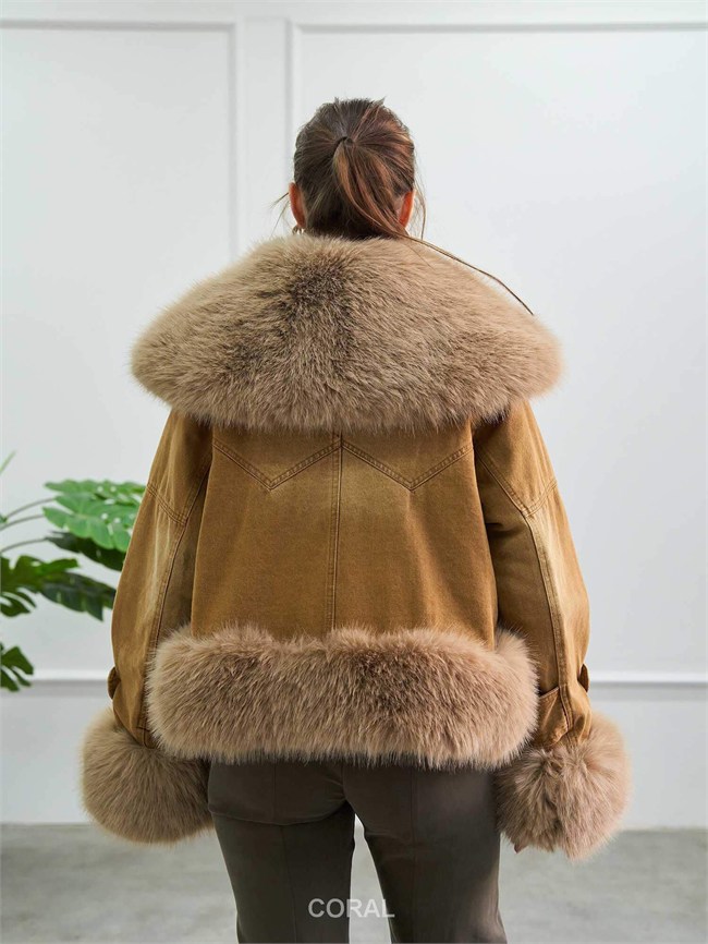 Kürk Detaylı Denim Mont 160956 Vintage Bej