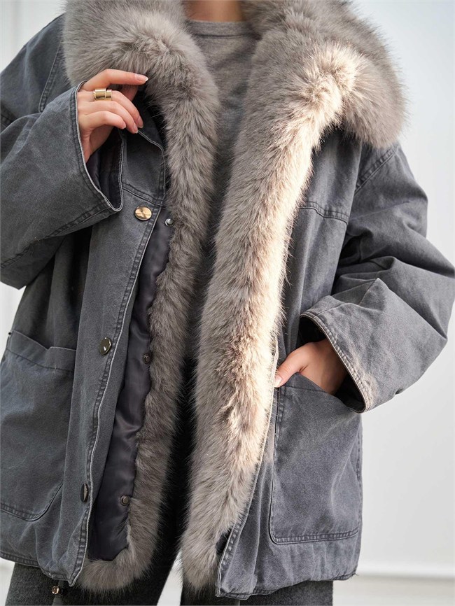 Kürk Garnili Mont 160962 Oversize Gri