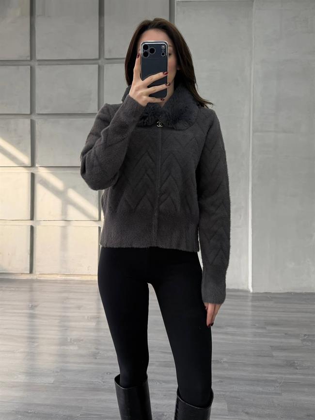 Kürk Yakalı Fermuarlı Peluş Hırka Antrasit