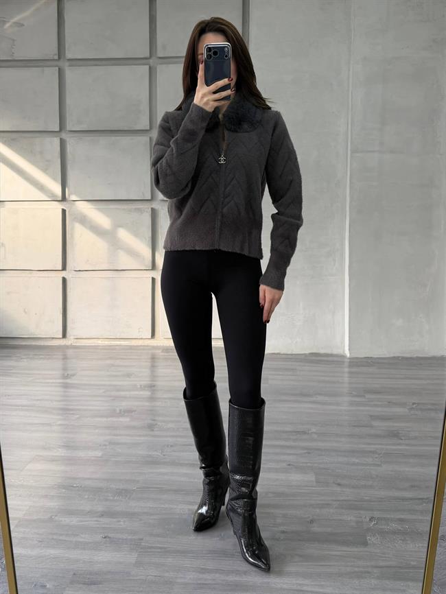 Kürk Yakalı Fermuarlı Peluş Hırka Antrasit