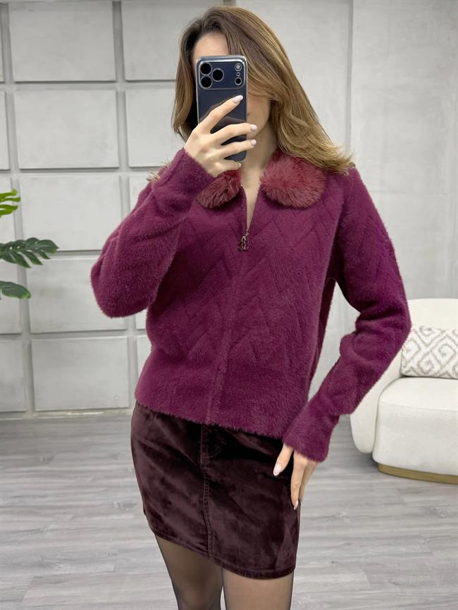 Kürk Yakalı Fermuarlı Peluş Hırka Bordo