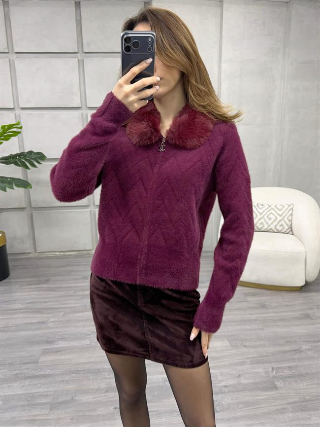 Kürk Yakalı Fermuarlı Peluş Hırka Bordo