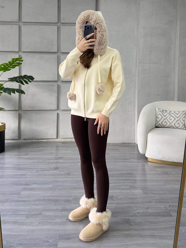 Kürklü Fermuarlı Kazak 140215 Vanilya