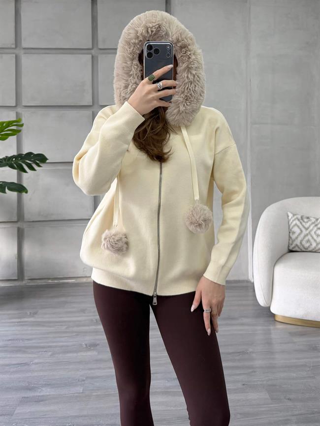 Kürklü Fermuarlı Kazak 140215 Vanilya