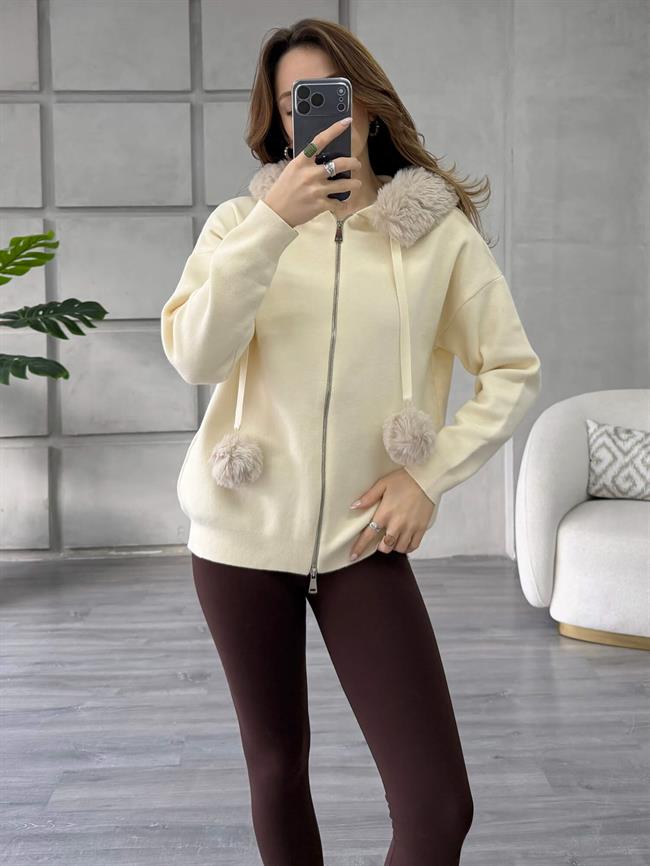 Kürklü Fermuarlı Kazak 140215 Vanilya