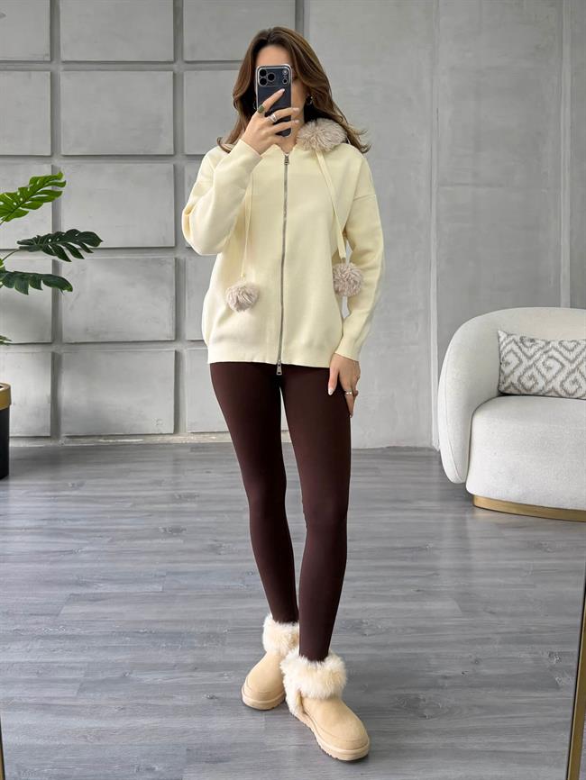 Kürklü Fermuarlı Kazak 140215 Vanilya