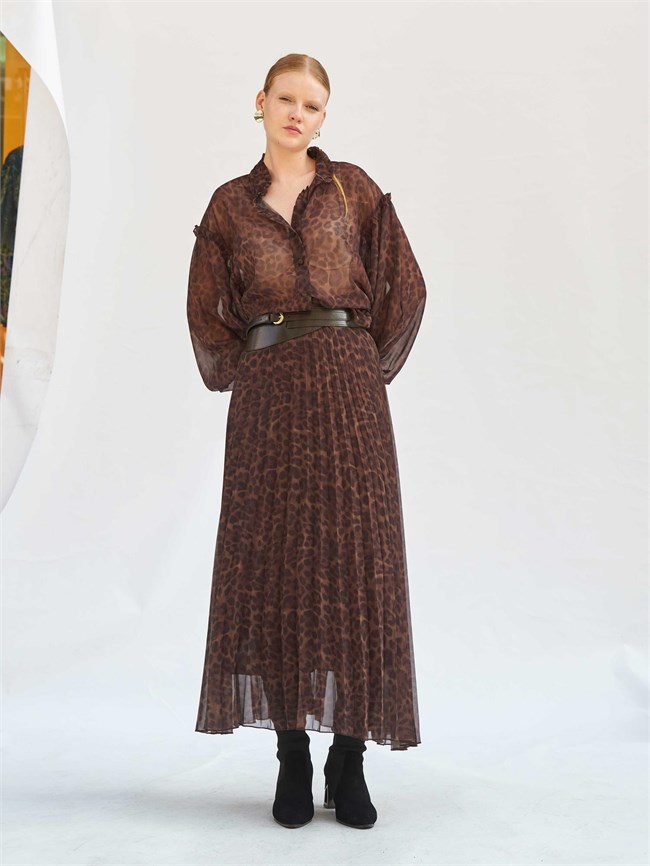 Leopar Desen Piliseli Etek 041254 Kahve