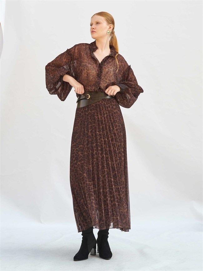 Leopar Desen Piliseli Etek 041254 Kahve