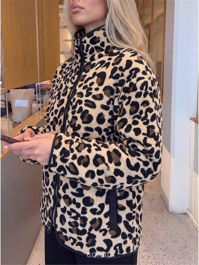 Leopar Desenli Fermuarlı Peluş Sweatshirt 6021 Taş