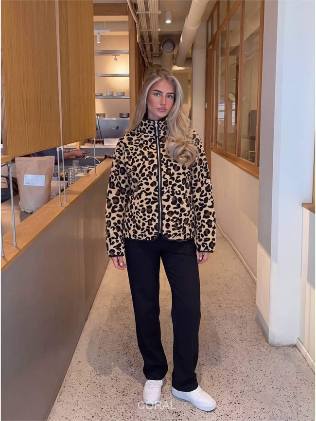 Leopar Desenli Fermuarlı Peluş Sweatshirt 6021 Taş
