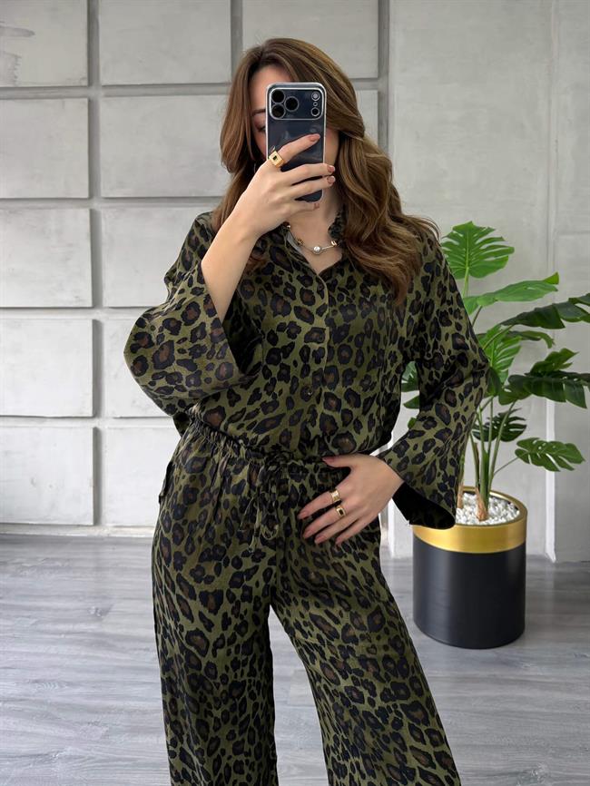 Leopar Desenli Gömlek Pantolon Takım 7184 Haki