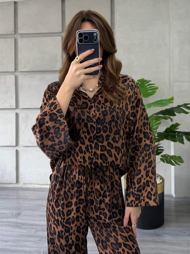 Leopar Desenli Gömlek Pantolon Takım 7184 Kahve