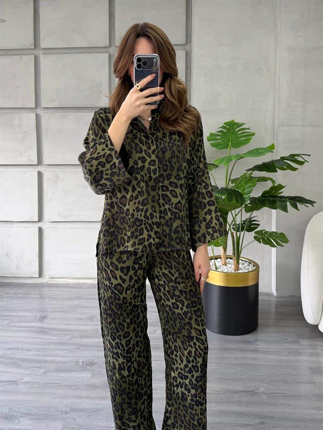 Leopar Desenli Gömlek Pantolon Takım 7184 Haki