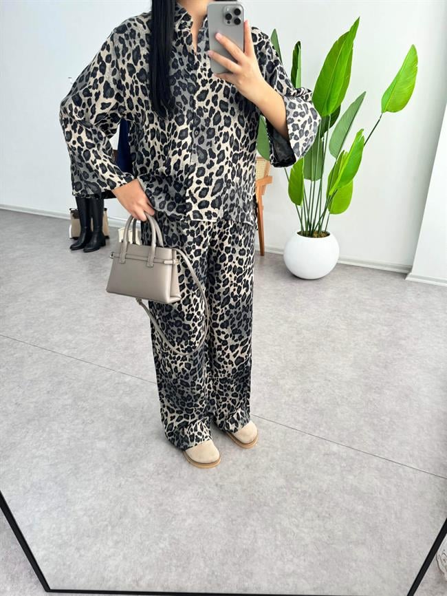 Leopar Desenli Gömlek Pantolon Takım 7184 Gri