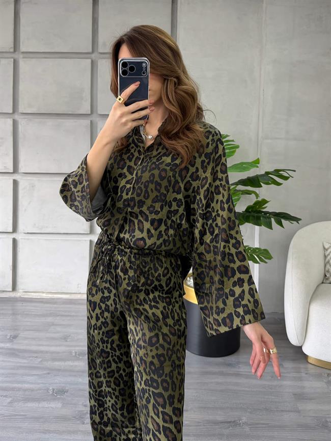 Leopar Desenli Gömlek Pantolon Takım 7184 Haki