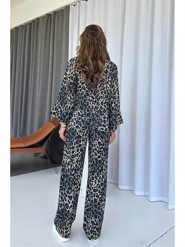 Leopar Desenli Gömlek Pantolon Takım 7184 Gri