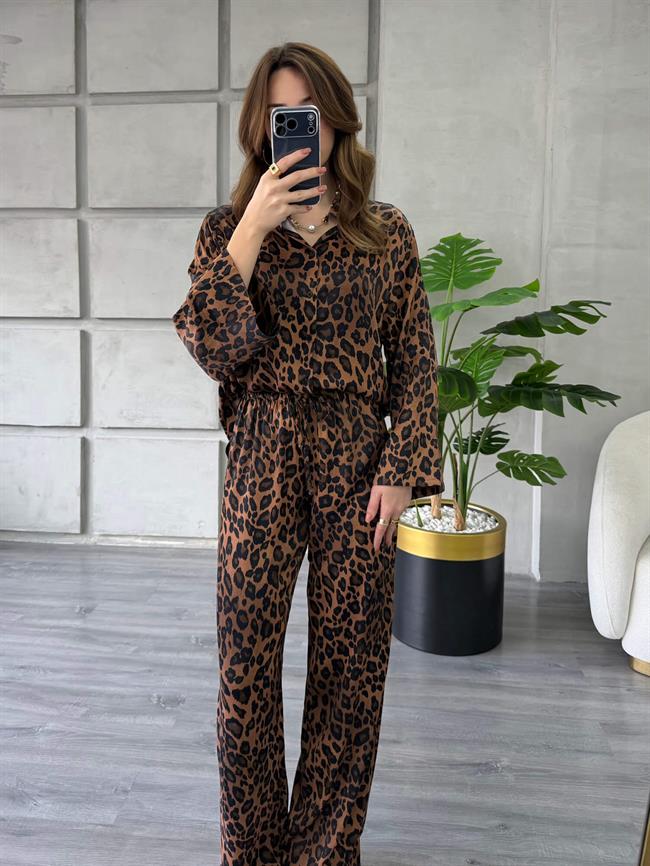 Leopar Desenli Gömlek Pantolon Takım 7184 Kahve