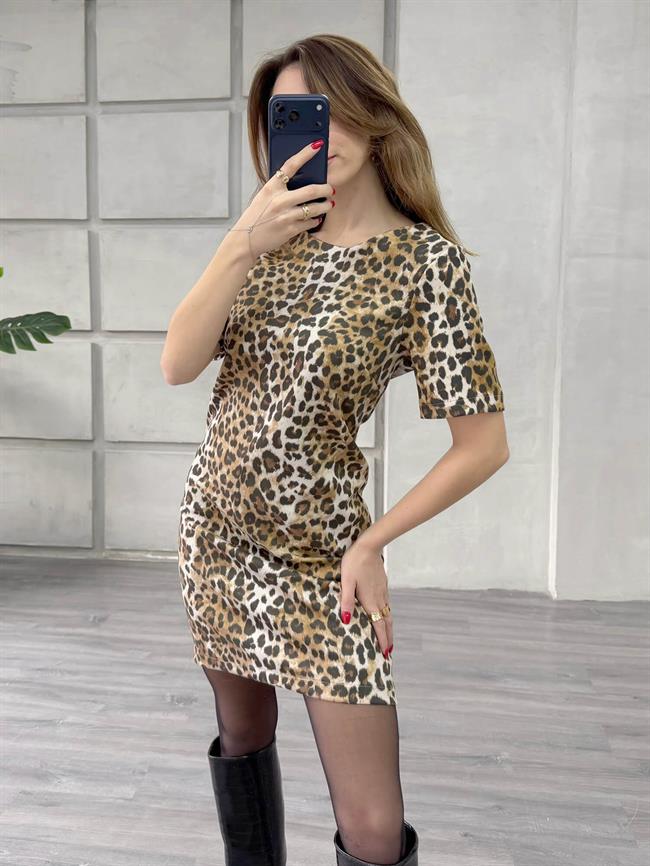 Leopar Desenli Kısa Kol Elbise 24288 Kahve