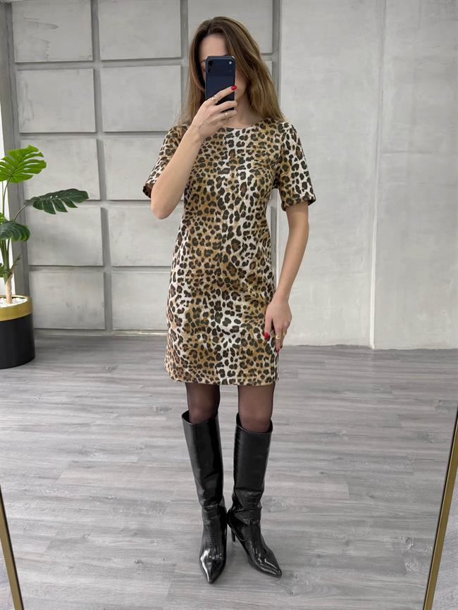 Leopar Desenli Kısa Kol Elbise 24288 Kahve