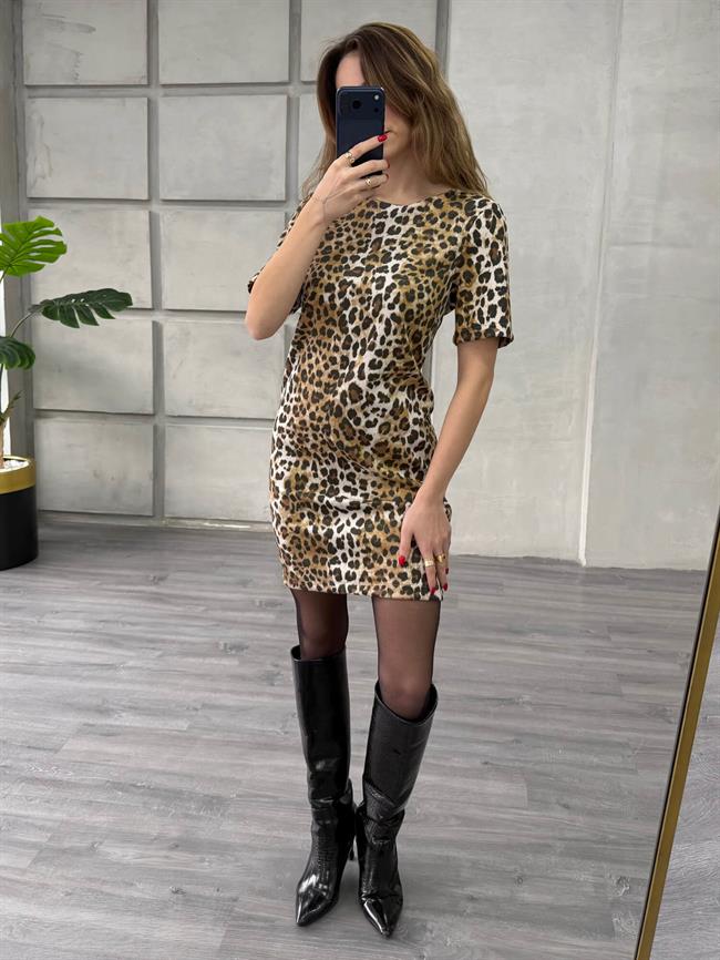 Leopar Desenli Kısa Kol Elbise 24288 Kahve