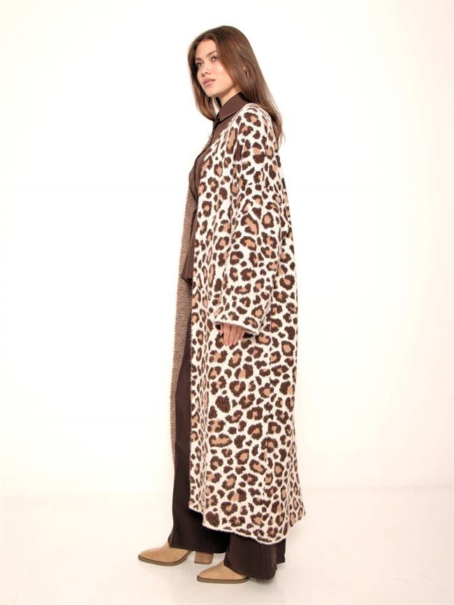 Leopar Desenli Uzun Hırka 4381 Taş