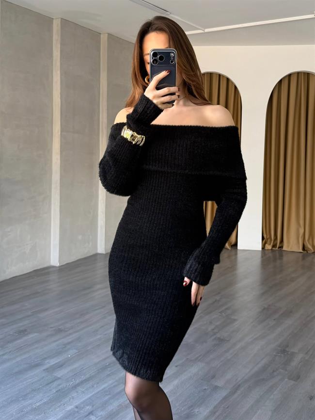 Madonna Yaka Yumuşak Dokulu Elbise 140431 Siyah