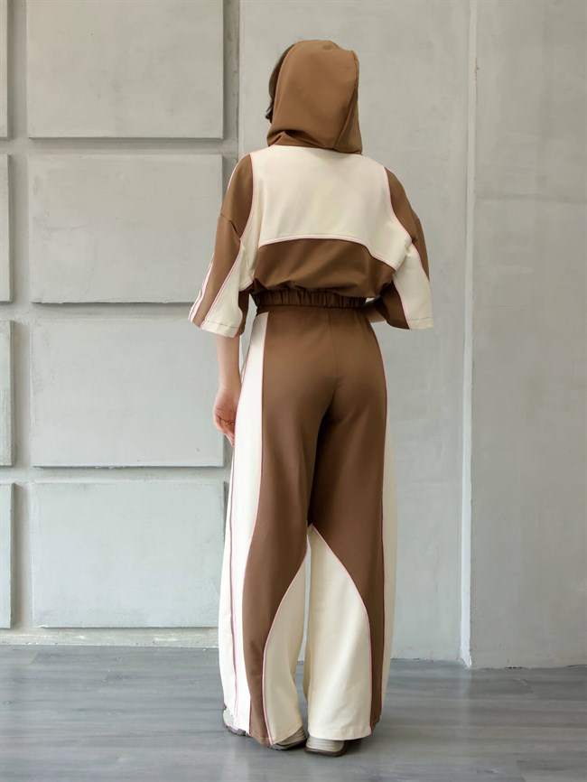 Midi Kol Sweattshirtlü Garnili Takım 4709 Ekru / Kahve