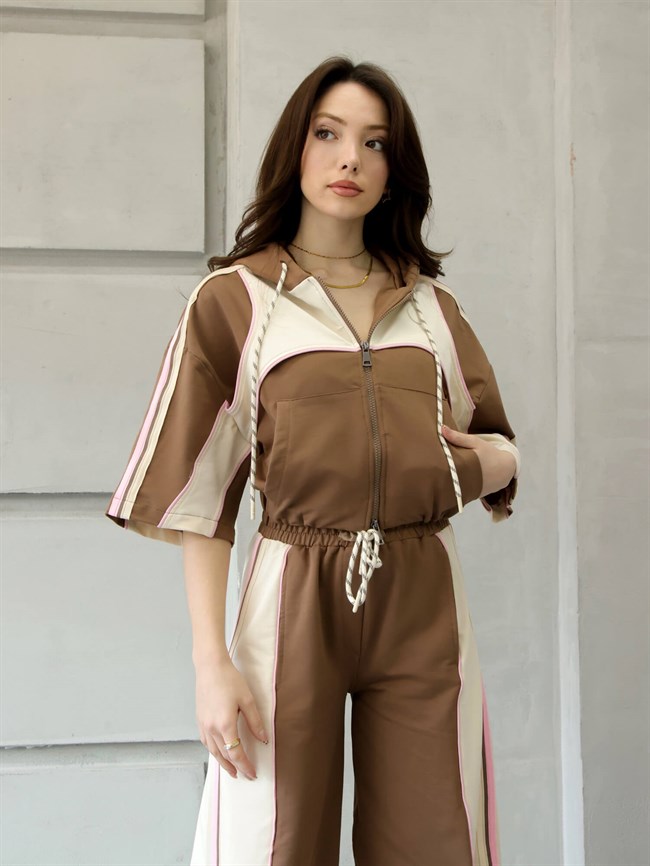 Midi Kol Sweattshirtlü Garnili Takım 4709 Ekru / Kahve