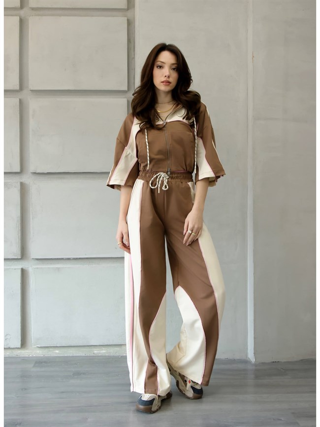 Midi Kol Sweattshirtlü Garnili Takım 4709 Ekru / Kahve