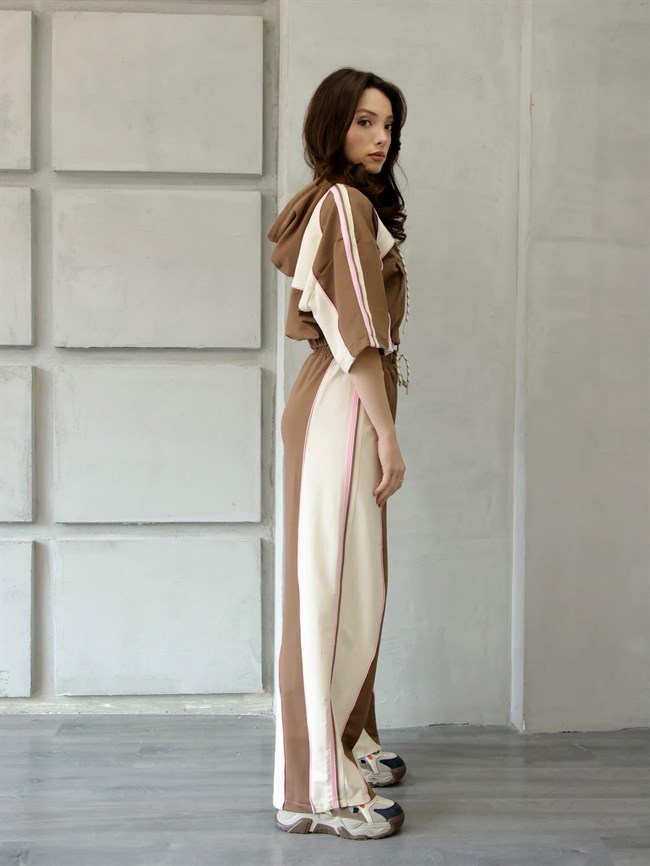 Midi Kol Sweattshirtlü Garnili Takım 4709 Ekru / Kahve