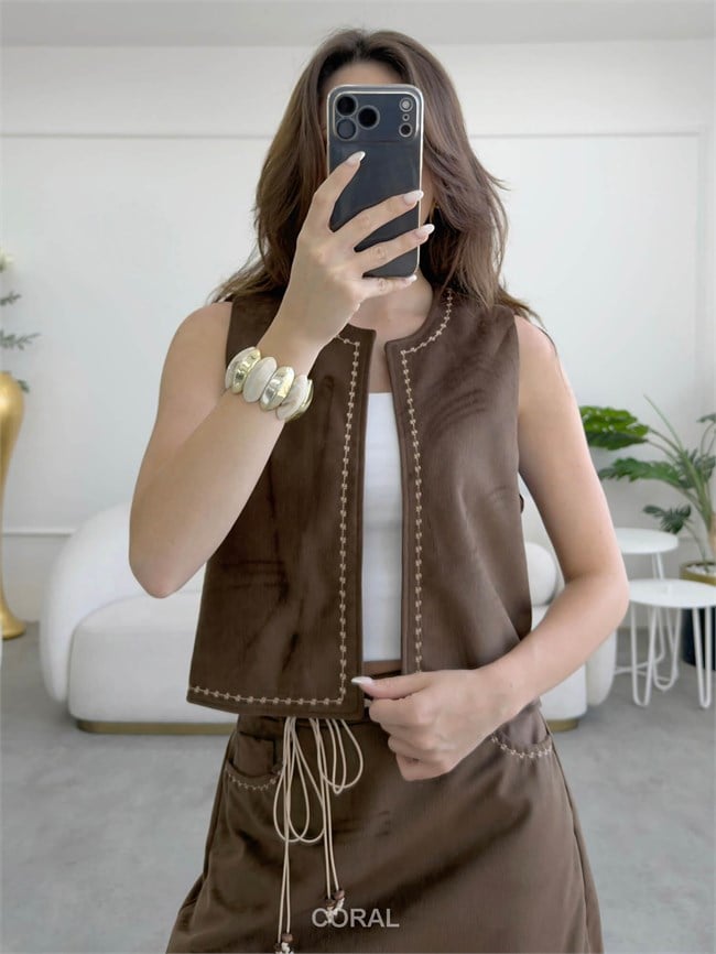 Nakış Detaylı Kadife Yelek YLK02725 Kahve