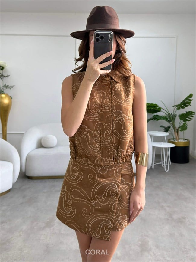 Nakışlı Beli Lastikli Süet Yelek YLK02903 Kahve