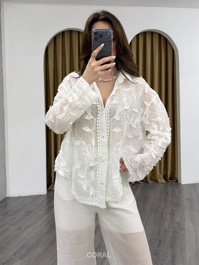 Nakışlı Kısa Gömlek 39719 Ekru