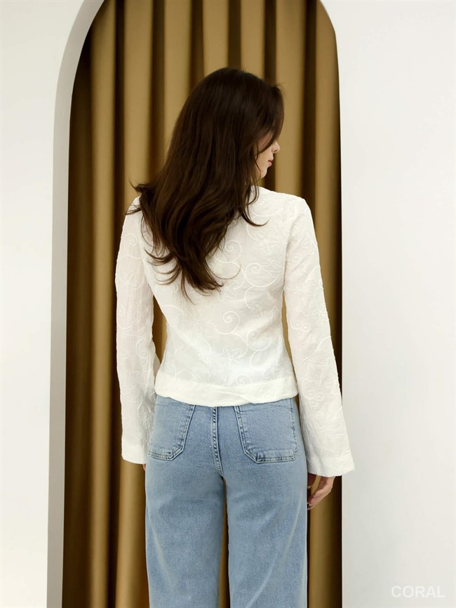 Nakışlı Kumaşlı V Yaka Düğmeli Bluz 0856 Ekru