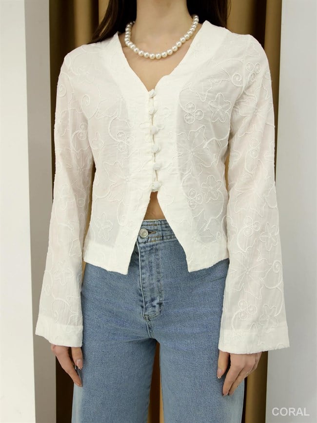 Nakışlı Kumaşlı V Yaka Düğmeli Bluz 0856 Ekru