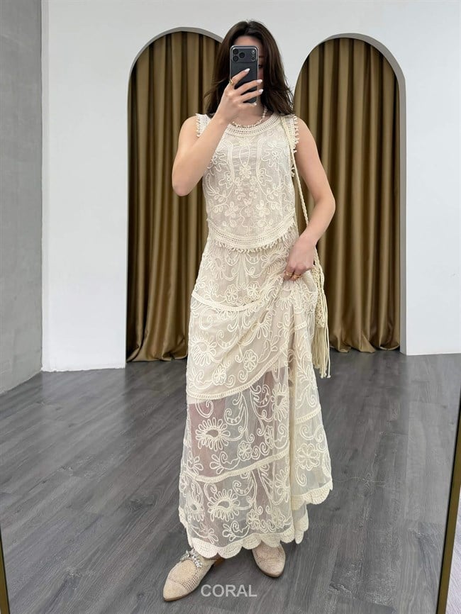 Nakışlı Şifon Etek 39725 Naturel