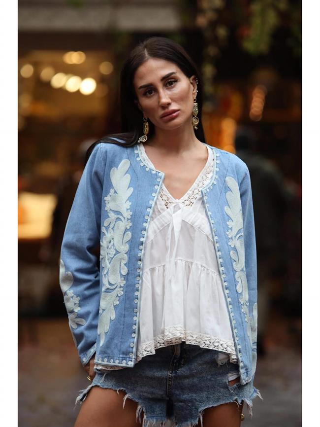 Nakışlı Uzun Kol Kot Ceket 5583A Mavi