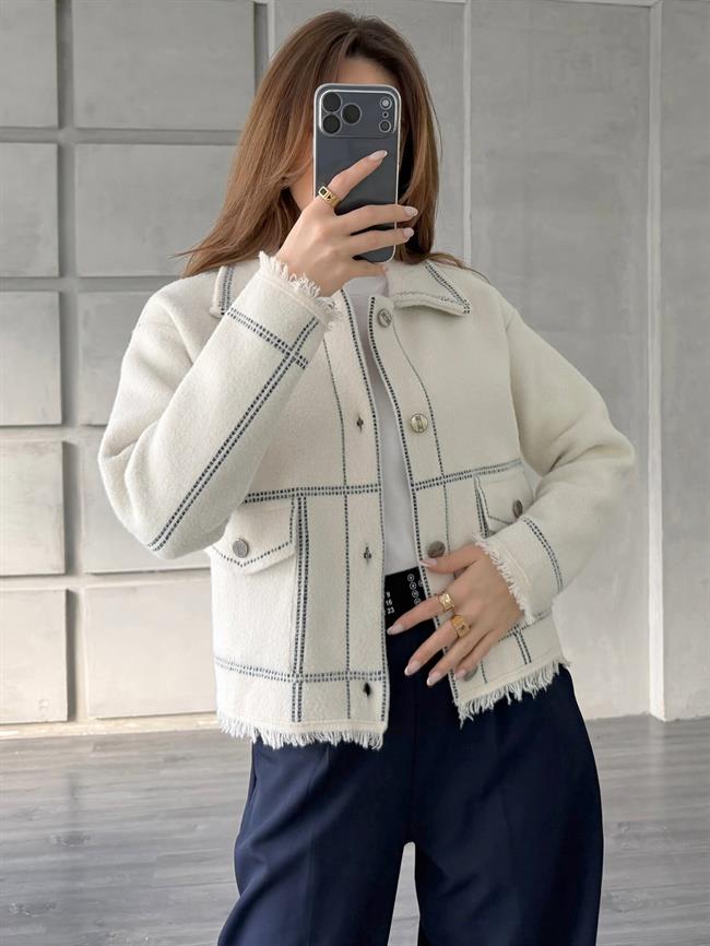 Nokta Şeritli Gömlek Yaka Ceket 140394 Vanilya - Siyah