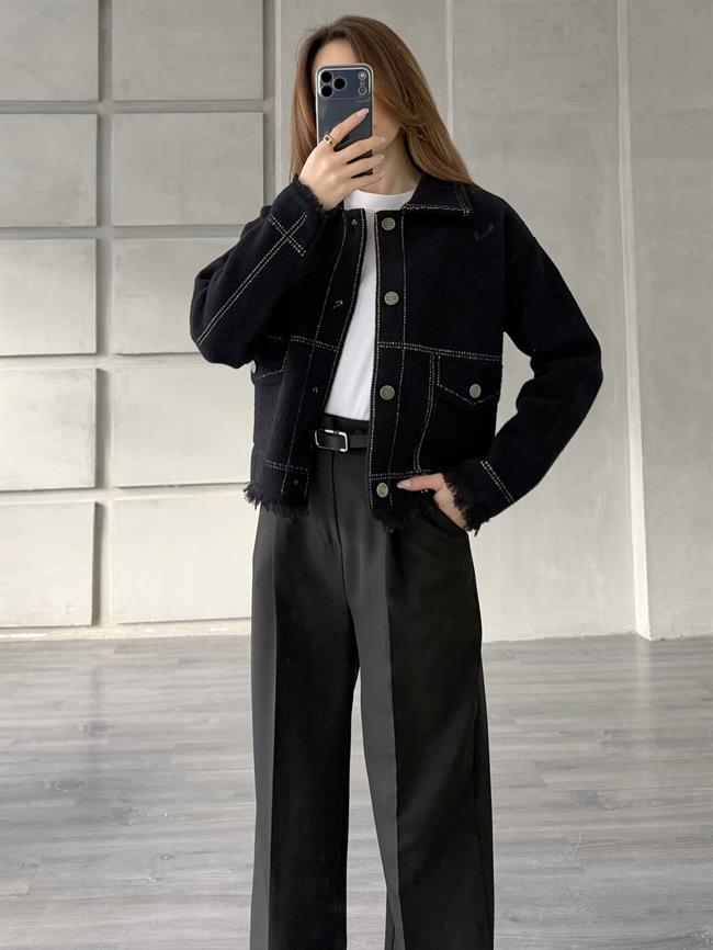 Nokta Şeritli Gömlek Yaka Ceket 140394 Siyah - Beyaz