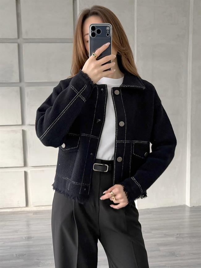 Nokta Şeritli Gömlek Yaka Ceket 140394 Siyah - Beyaz