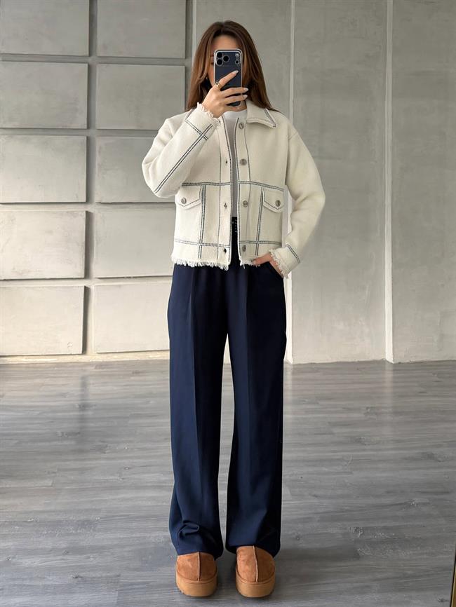 Nokta Şeritli Gömlek Yaka Ceket 140394 Vanilya - Siyah