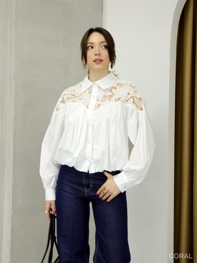 Omuzları Dantelli Beli Lastikli Gömlek 39425 Beyaz