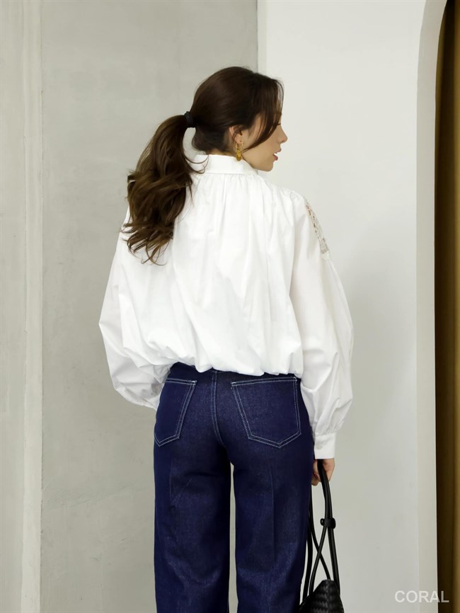 Omuzları Dantelli Beli Lastikli Gömlek 39425 Beyaz