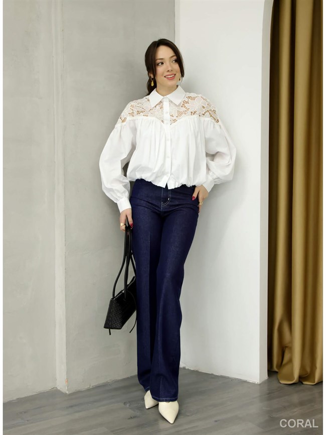 Omuzları Dantelli Beli Lastikli Gömlek 39425 Beyaz