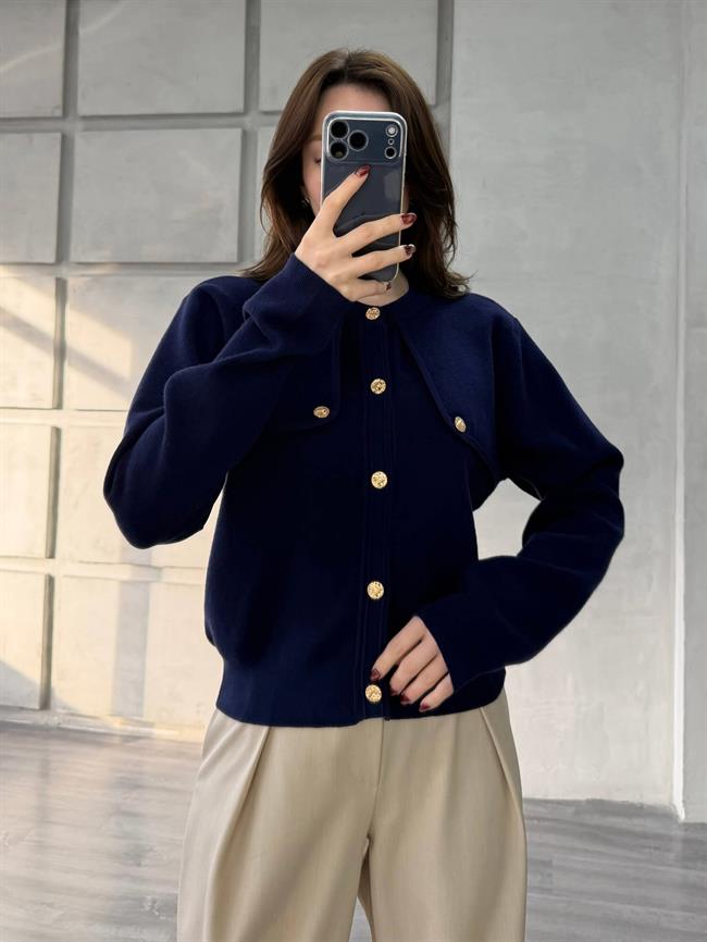 Omuzları Düğme Detaylı Cepsiz Hırka 140360-1 Lacivert