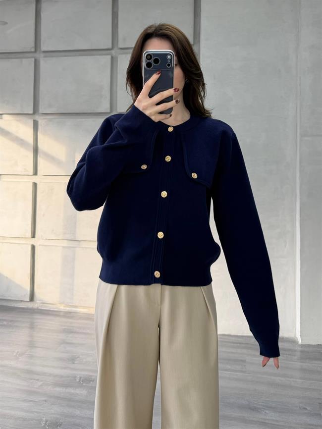 Omuzları Düğme Detaylı Cepsiz Hırka 140360-1 Lacivert