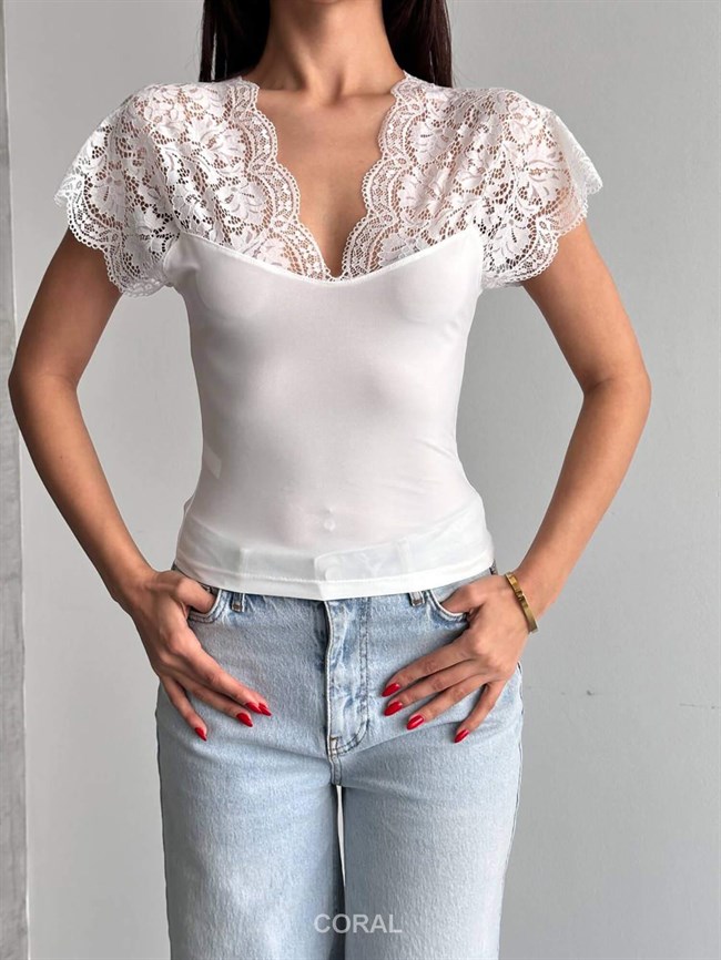 Omzu Dantelli Kolsuz Bluz 15157 Ekru