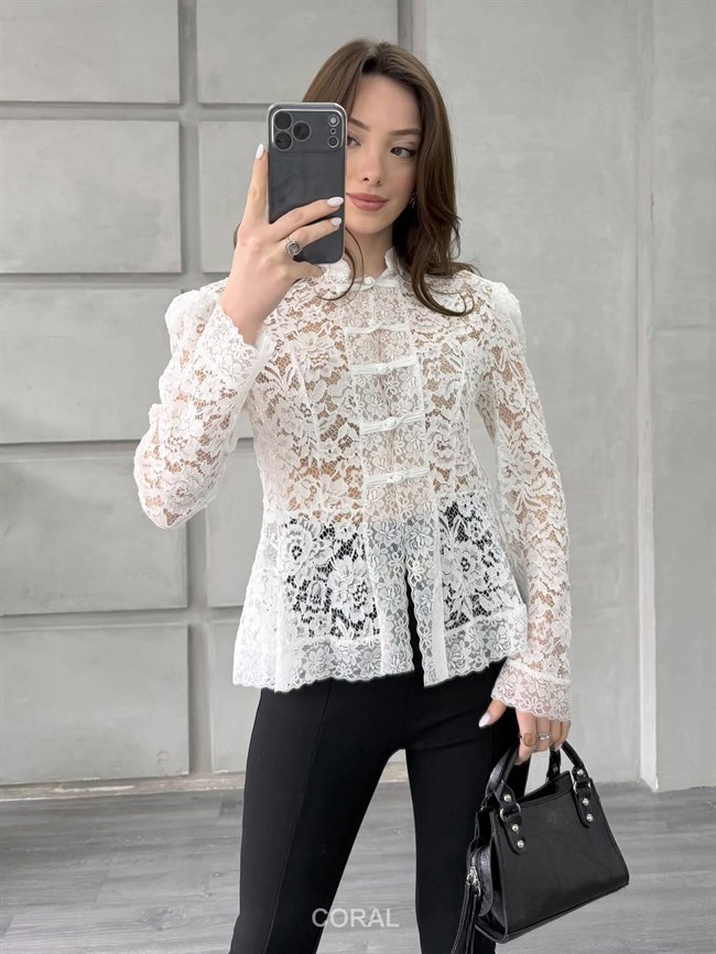 Omzu Vatkalı Dantel Gömlek 3265 Beyaz